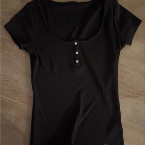 GUESS Black Ribbed Scoop Neck Short Sleeve Top with Crystal Button Detail